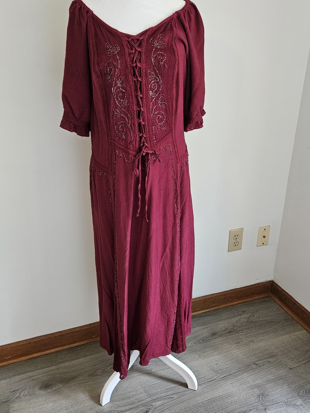 Pyramid Collection Renn Faire Lace-Up Whimsigoth Burgundy Midi Dress Boho, 1X